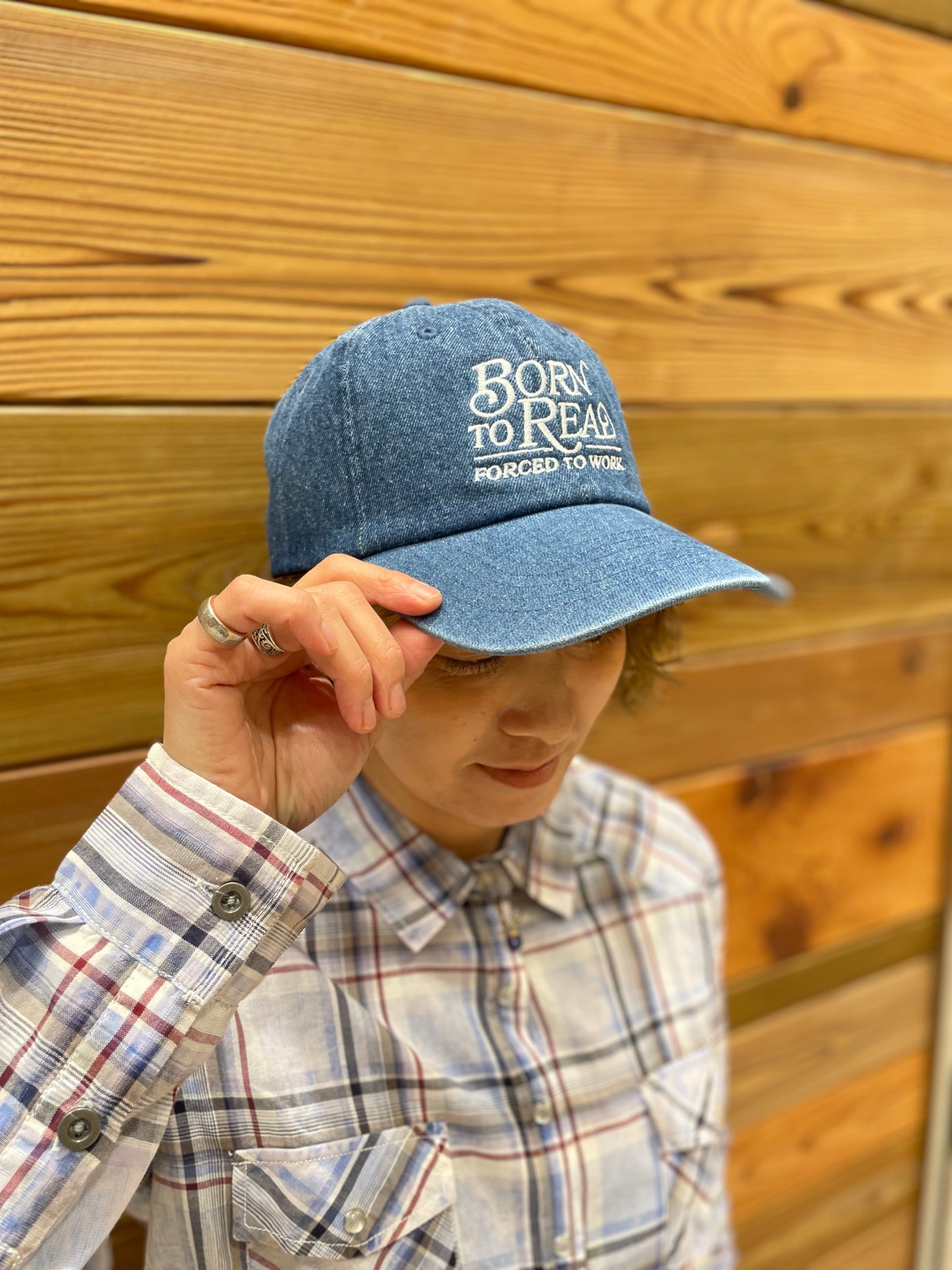 OUT OF PRINT キャップ デニム Born to Read, Forced to Work