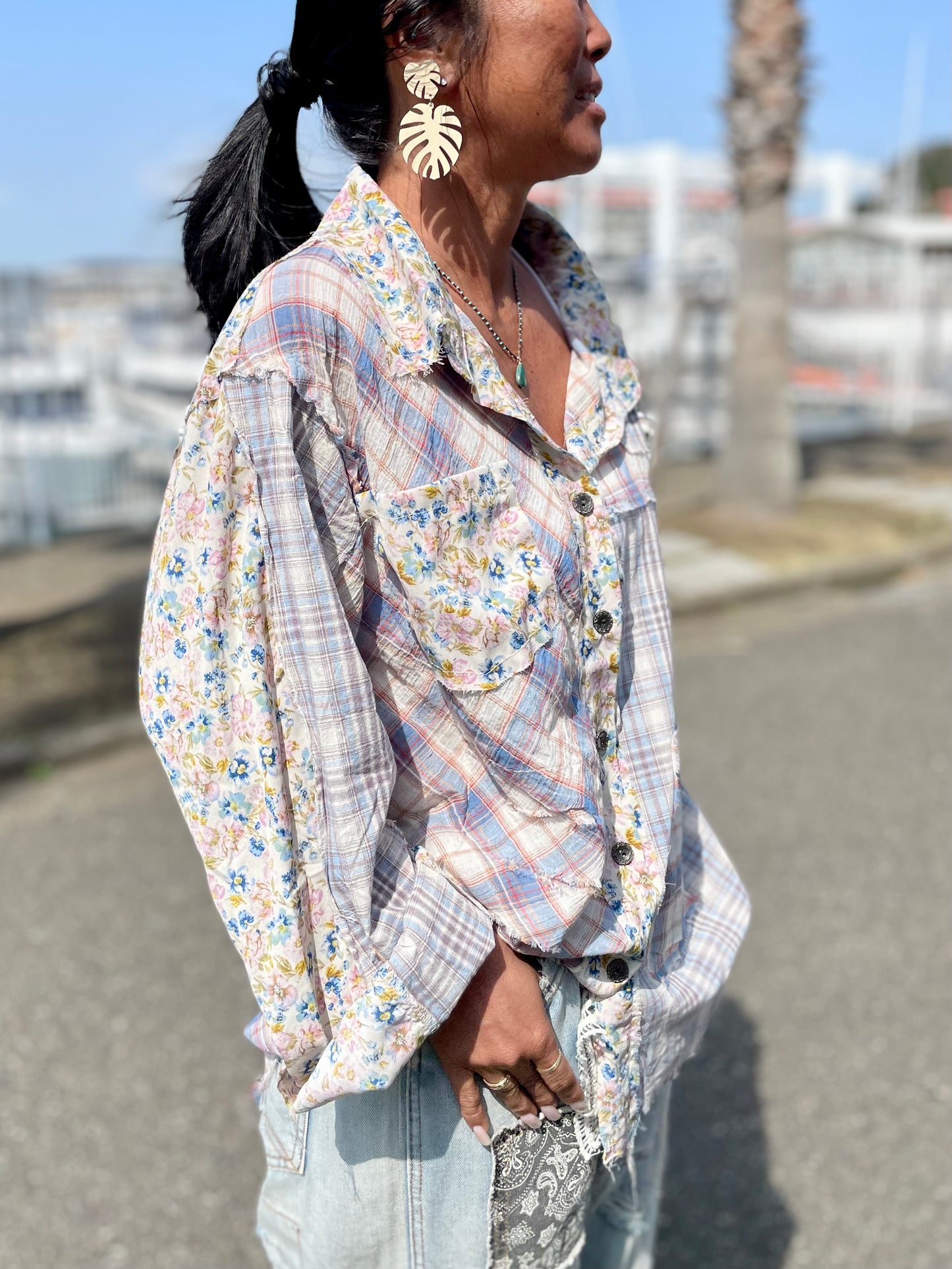 POLチェック柄花柄パッチワークシャツ