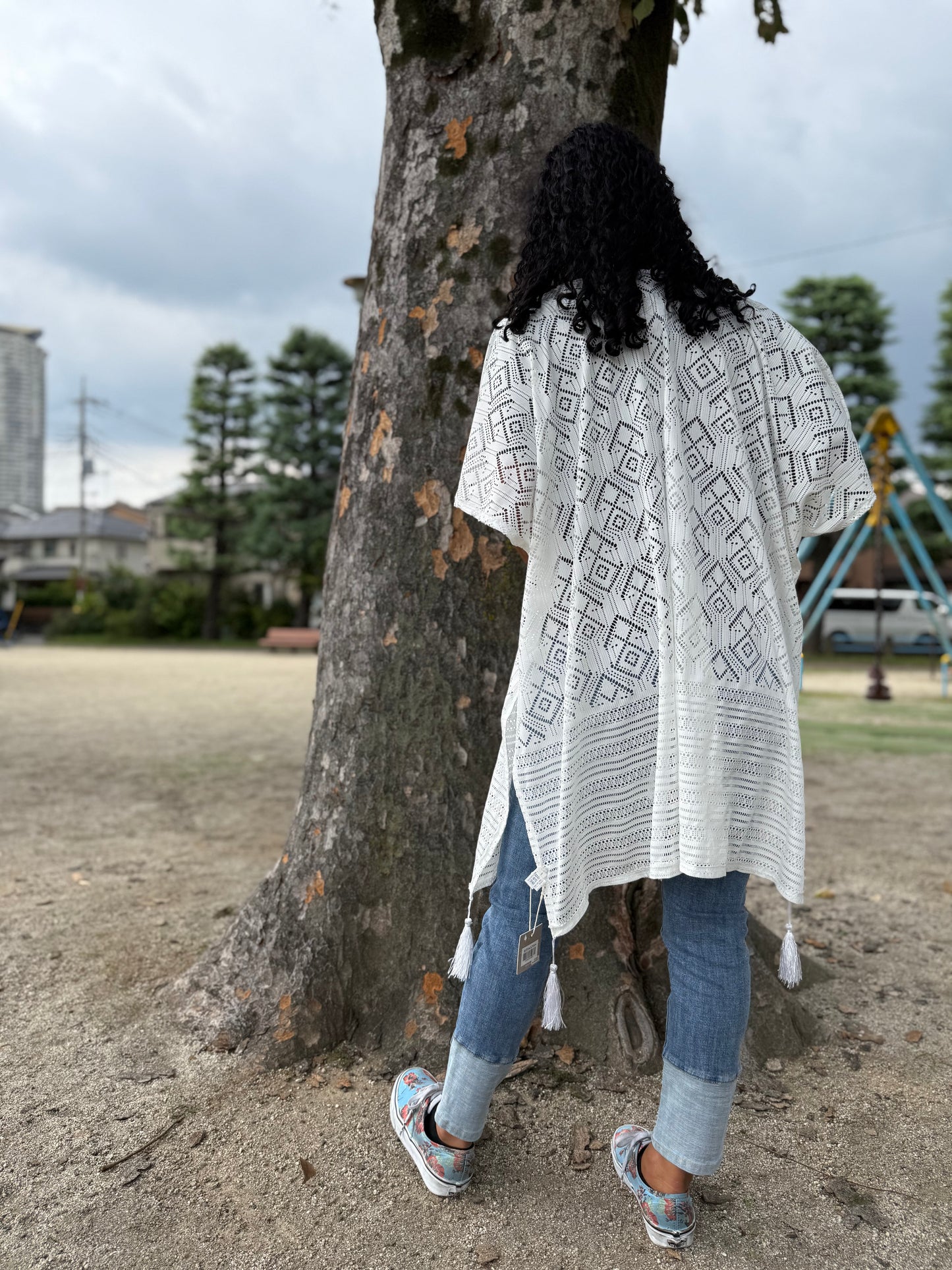 タッセル付きレースキモノ ホワイト