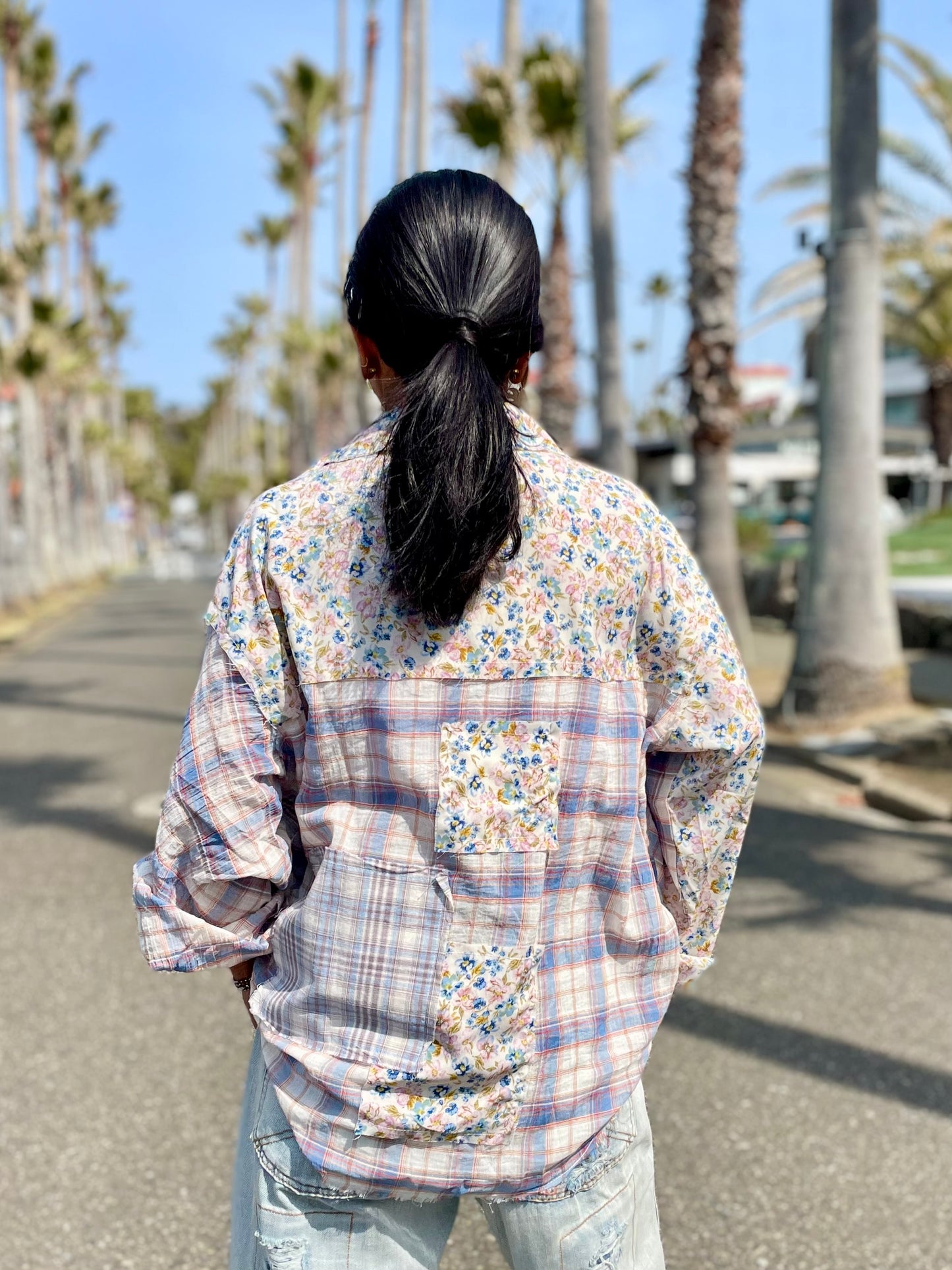 POLチェック柄花柄パッチワークシャツ