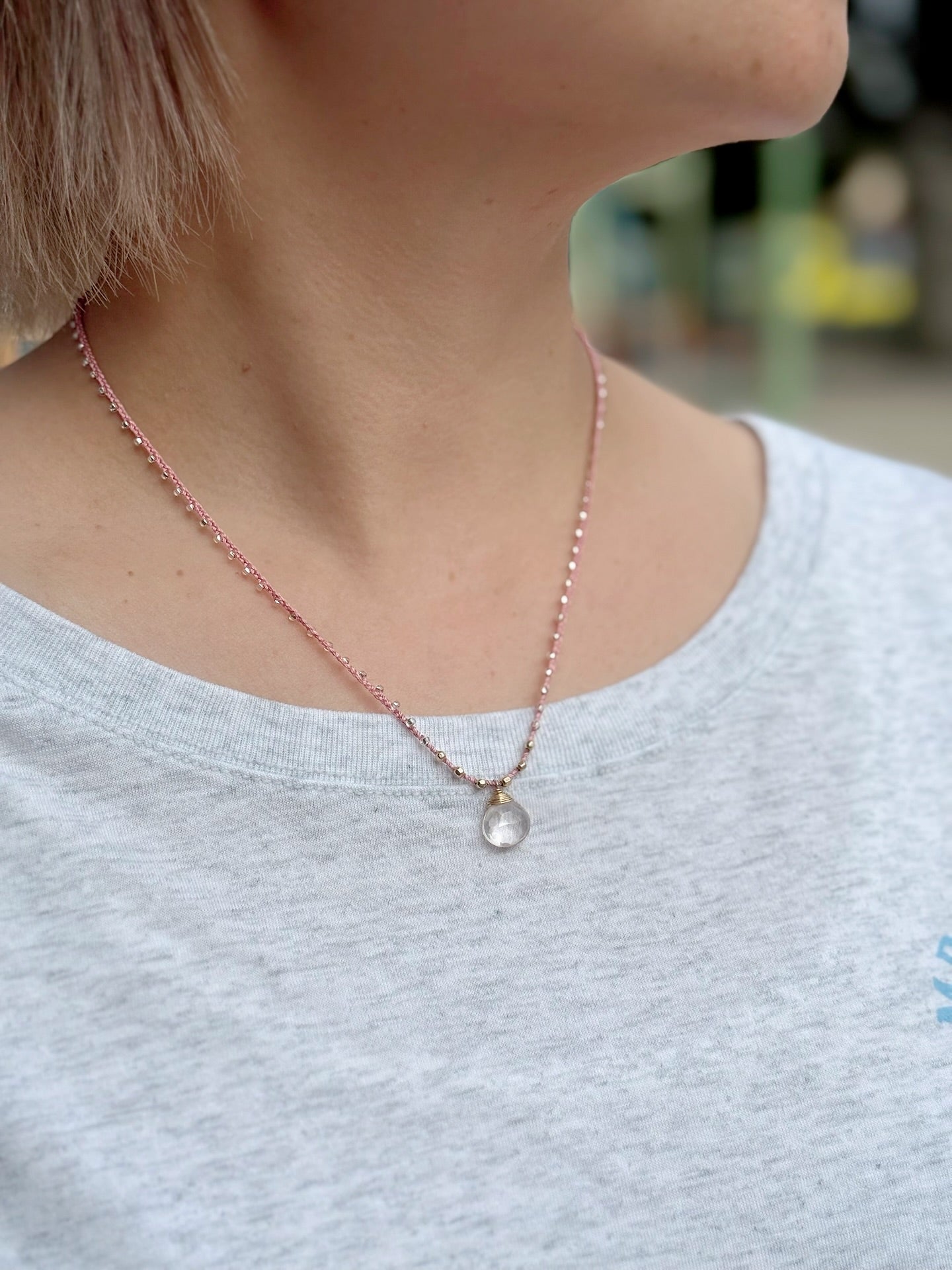 マチュピチュジュエリー【ローズクォーツ/14kgf】 ピンクシルクスレッドネックレス クリアビーズ