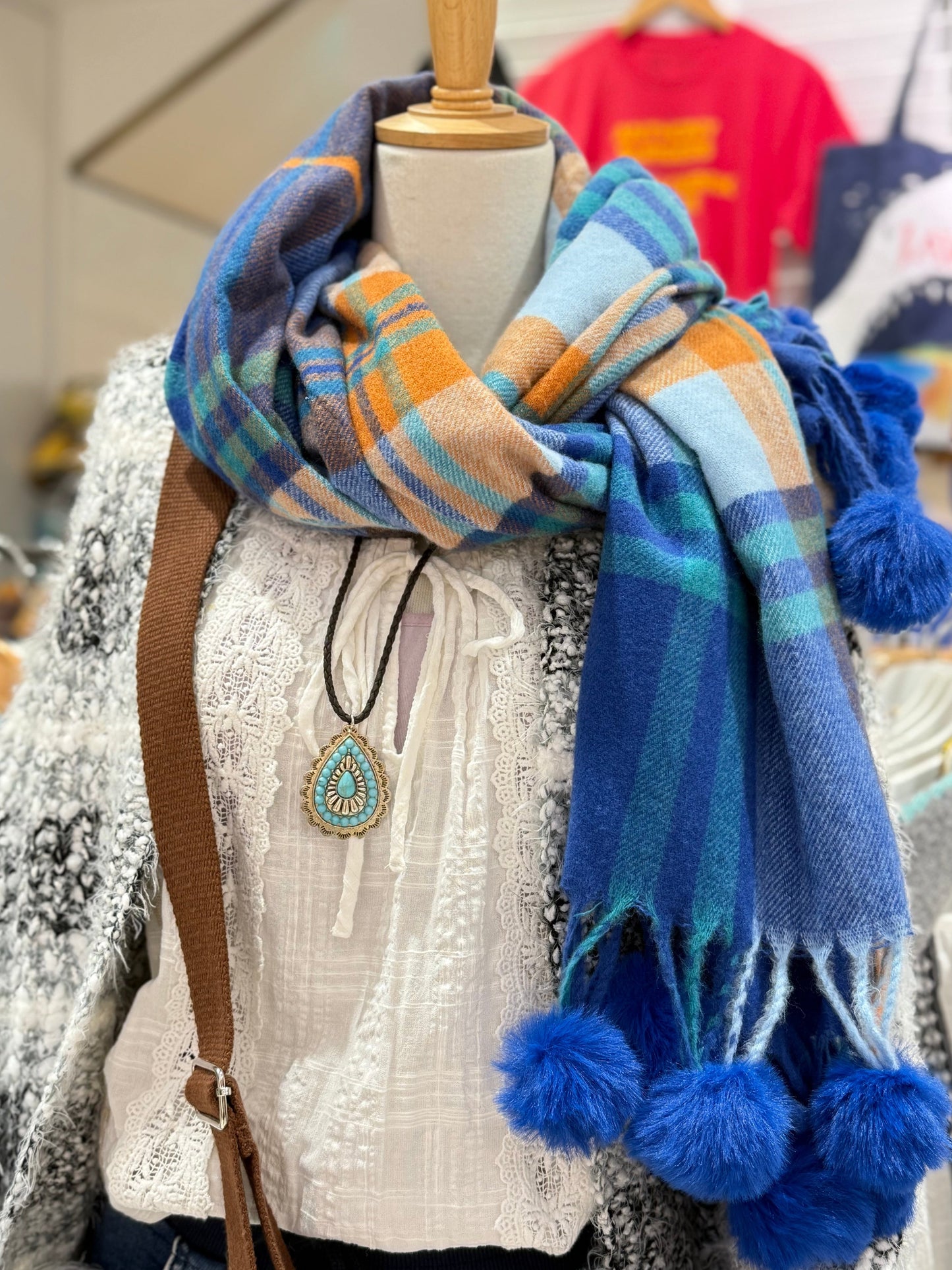 チェックストール ポンポン付き 大判