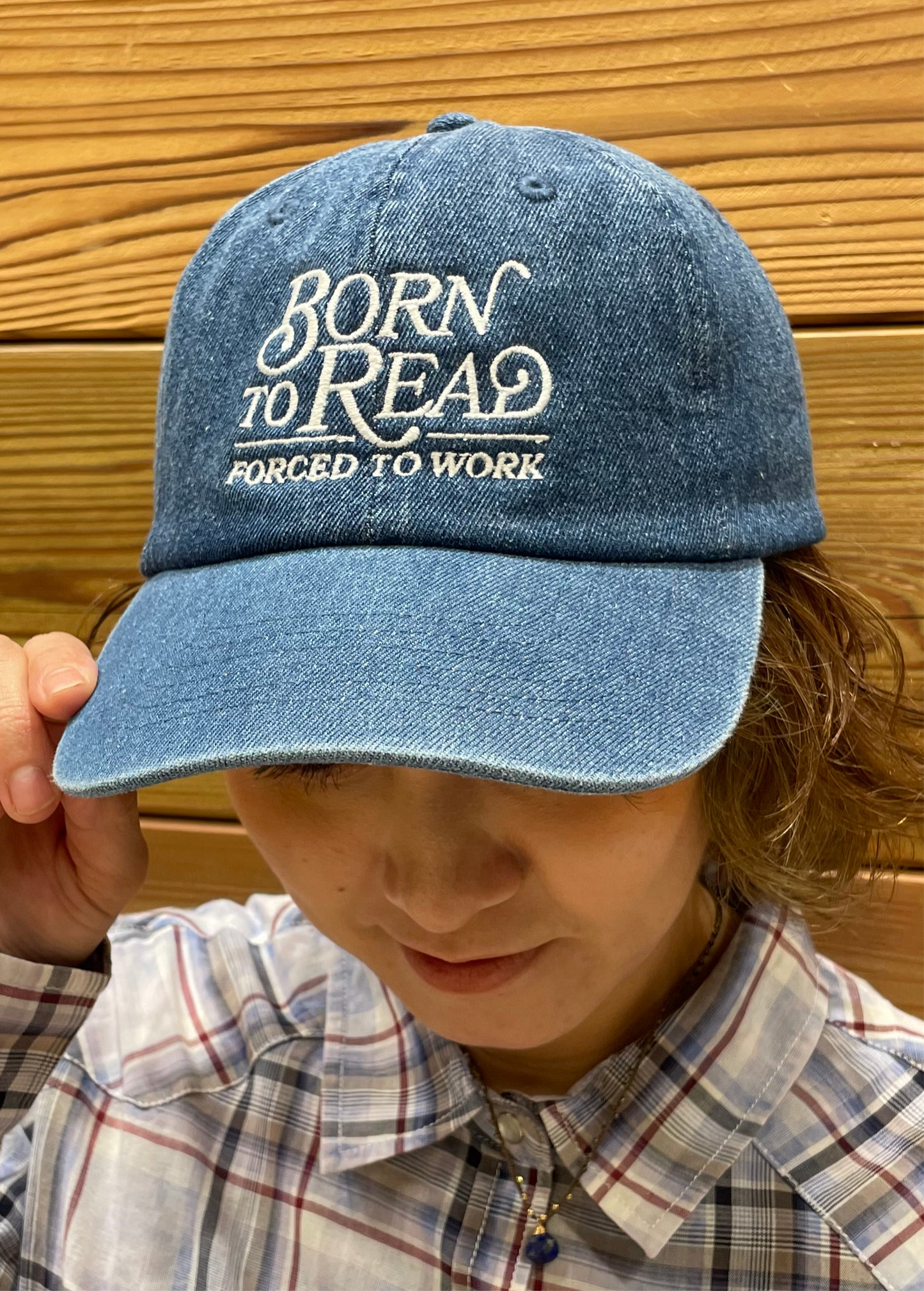 OUT OF PRINT キャップ デニム Born to Read, Forced to Work