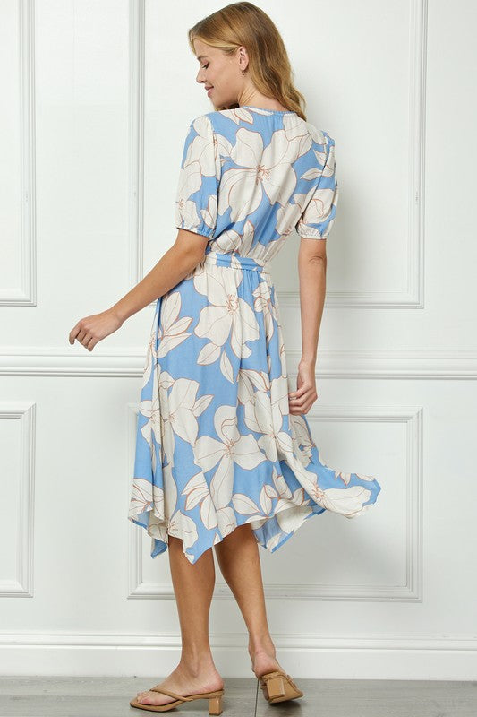 フラワーカシュクールワンピース ウエストリボンミディ丈 ブルー