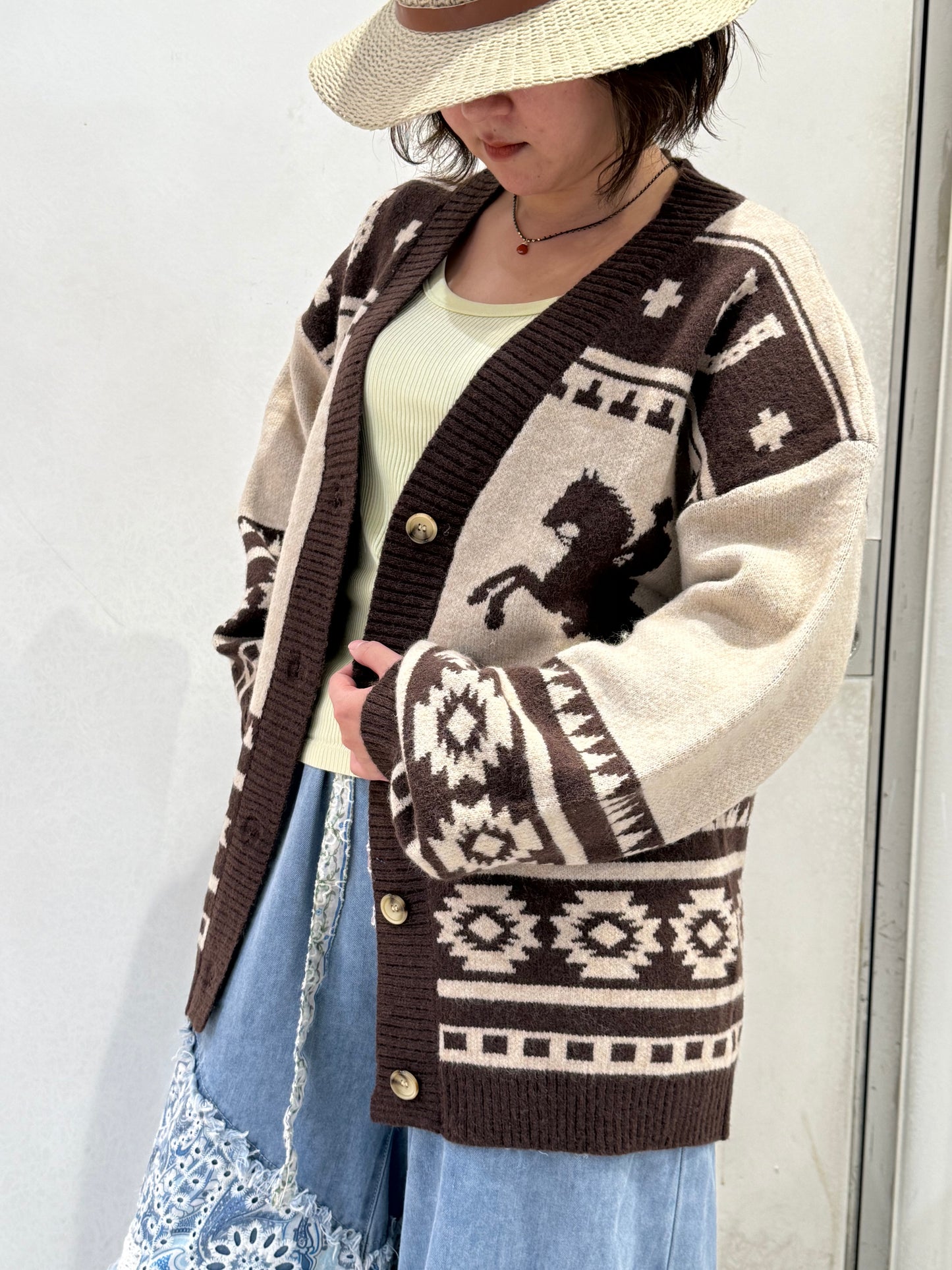 ホース柄 ウエスタン オーバーサイズ ニットカーディガン