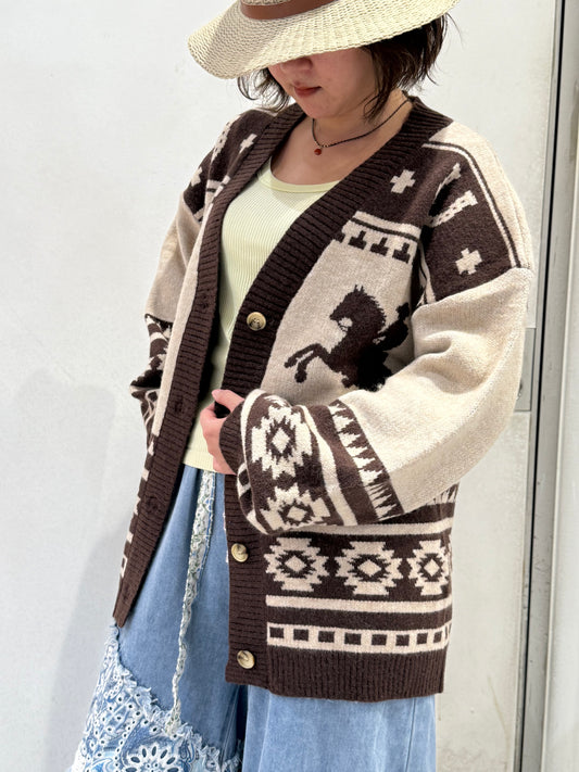 ホース柄 ウエスタン オーバーサイズ ニットカーディガン