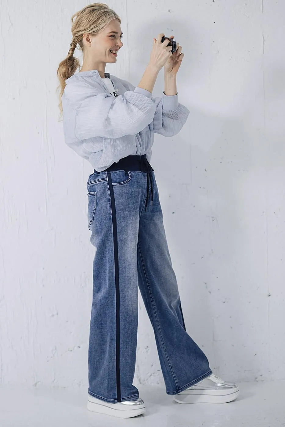 INDIMARK 【Indiknit】サイドラインワイドパンツ ブルー