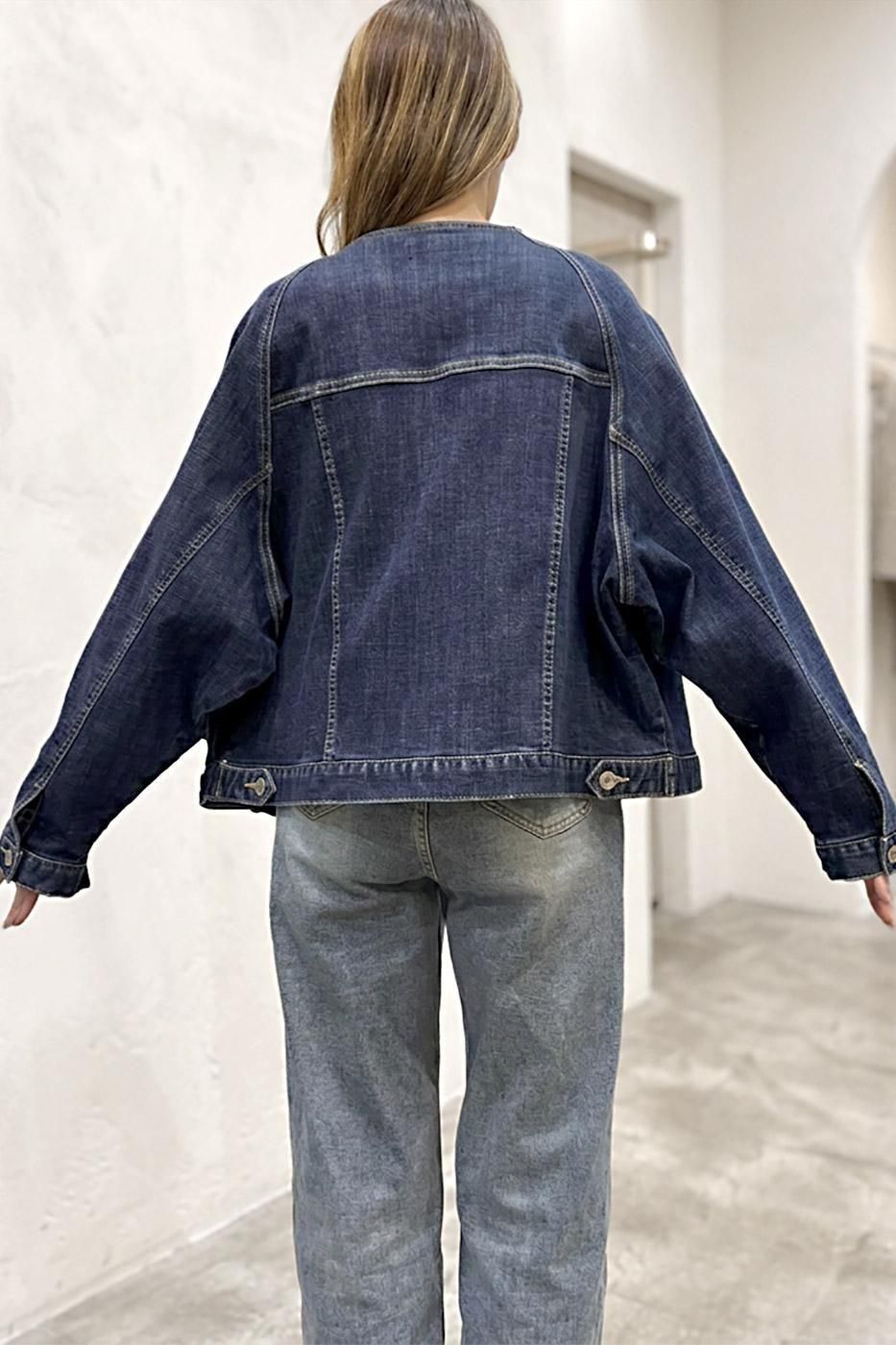INDIMARK ノーカラー ラグラン デニムジャケット ストレッチ ベーシックブルー WJ259