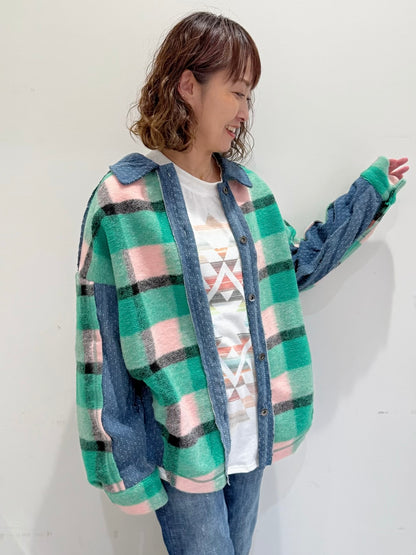 デニム切替×チェック柄 オーバーサイズシャケット シャツジャケット