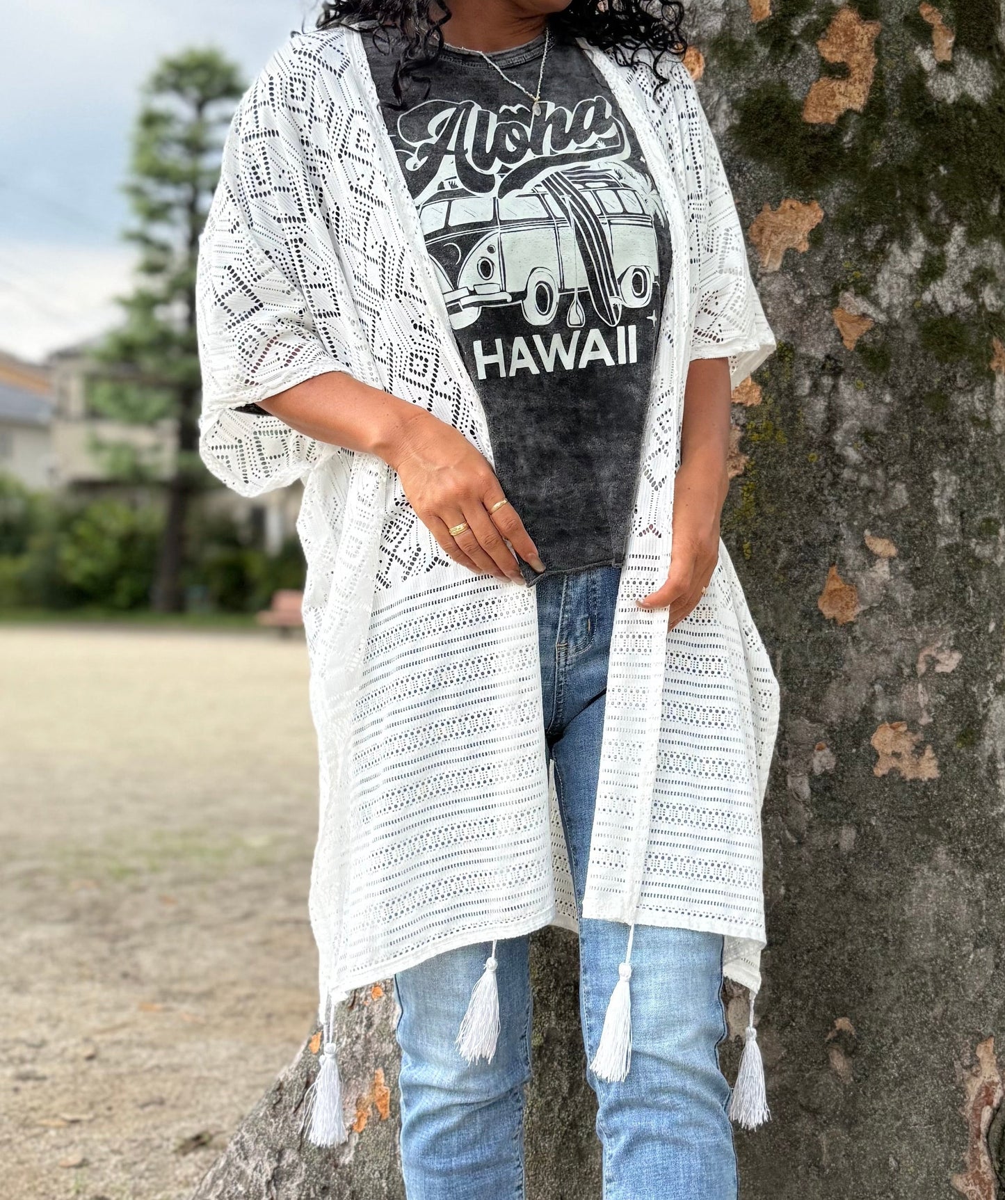 タッセル付きレースキモノ ホワイト