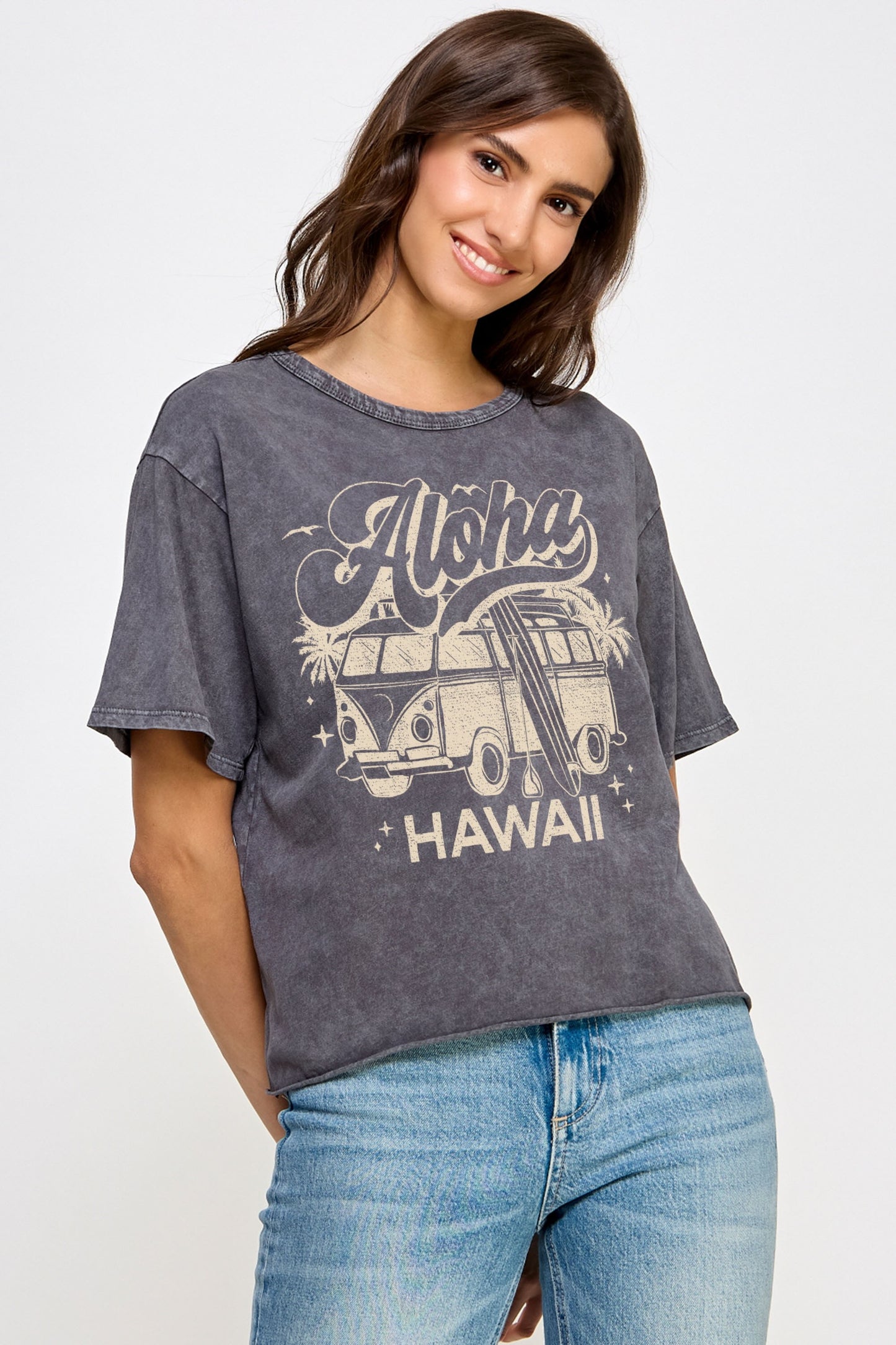 ハワイ アロハバス ショート丈Tシャツ　ヴィンテージチャコール