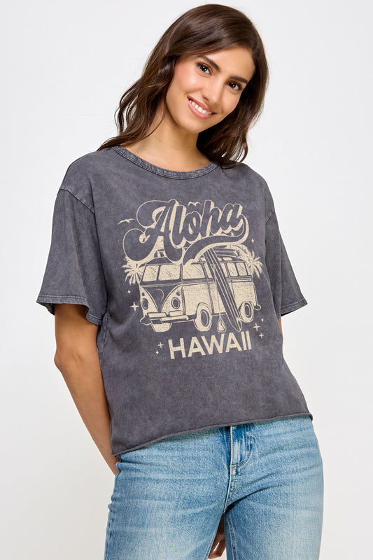 ハワイ アロハバス ショート丈Tシャツ　ヴィンテージチャコール