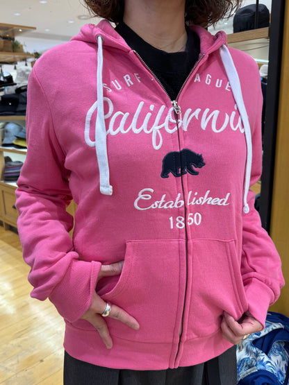 フリースジップアップフーディー カリフォルニアベア バブルガムピンク