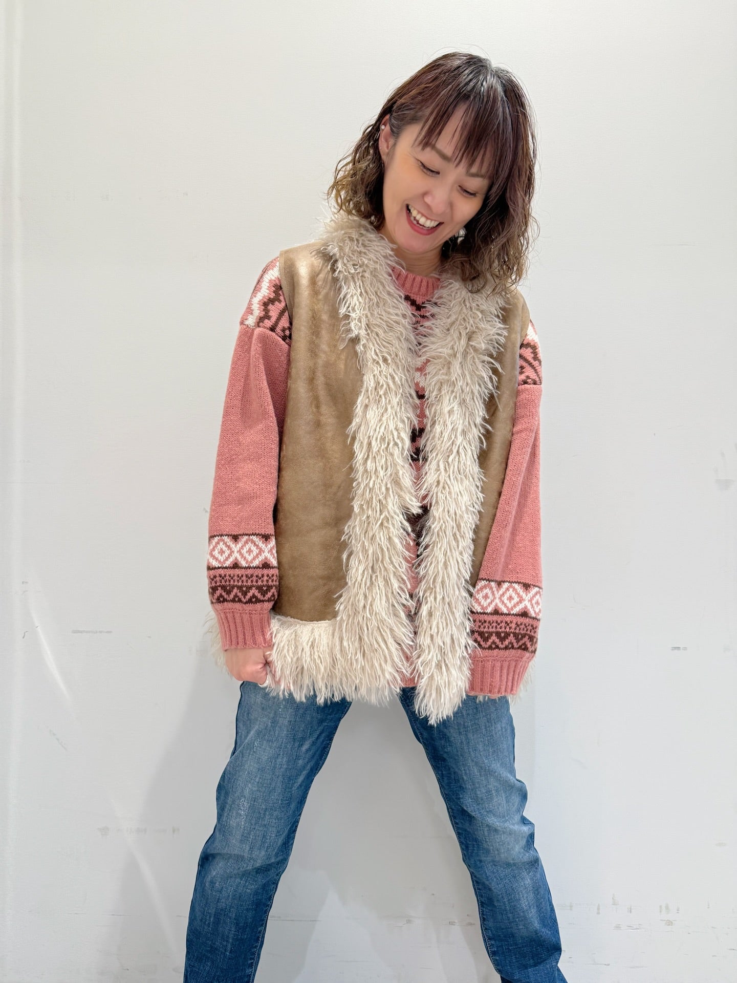 フェイクファー スエード調ベスト