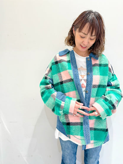 デニム切替×チェック柄 オーバーサイズシャケット シャツジャケット