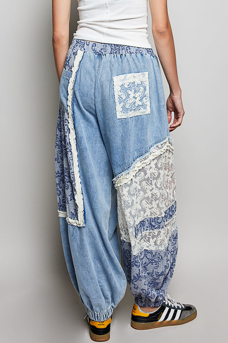 POL クロシェ＆レース切替 デニムジョガーパンツ