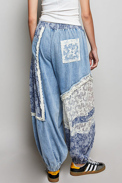 POL クロシェ＆レース切替 デニムジョガーパンツ