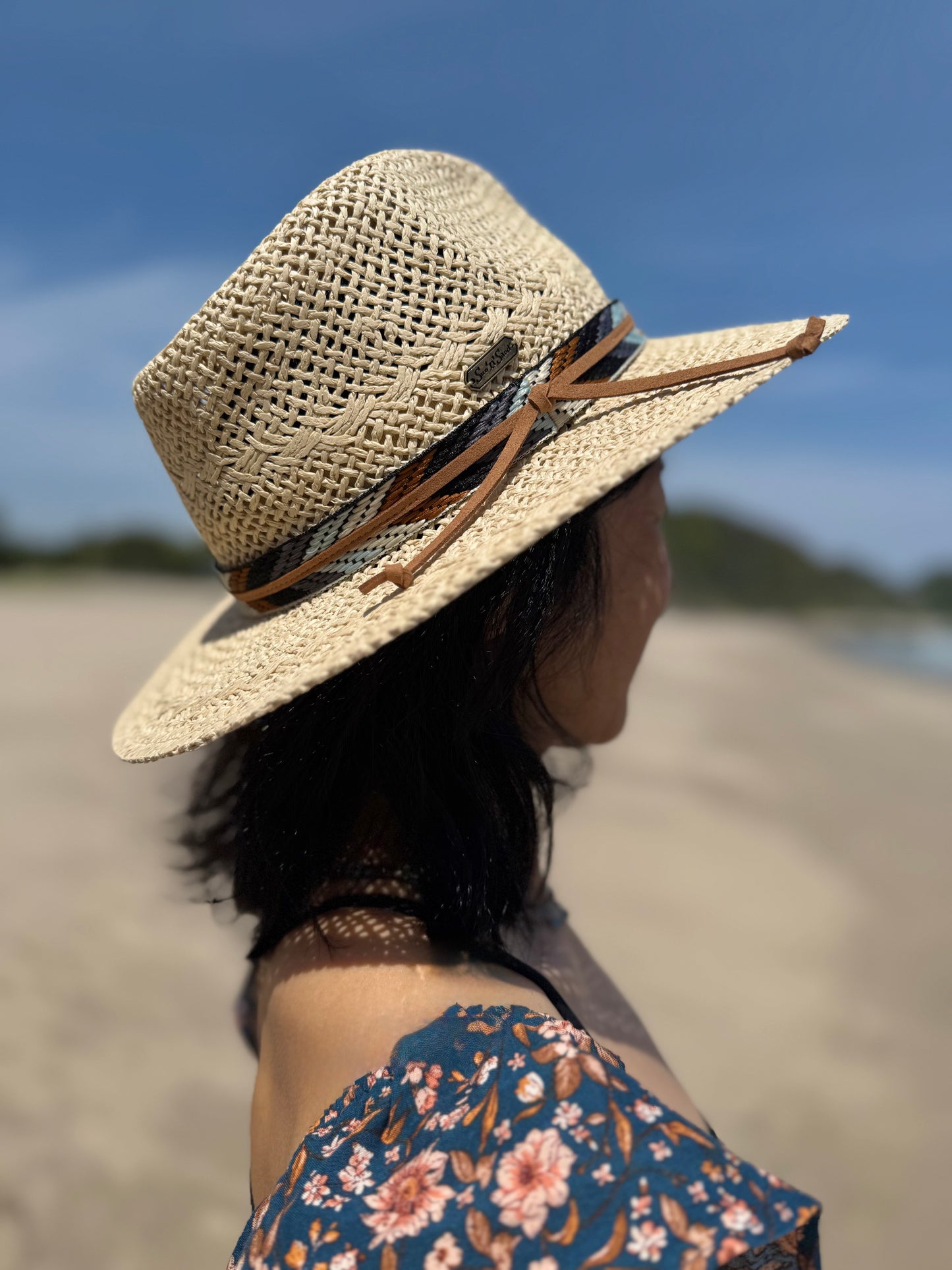 SunNSand ペーパーストロー サファリハット｜ナチュラル編み×柄ベルト