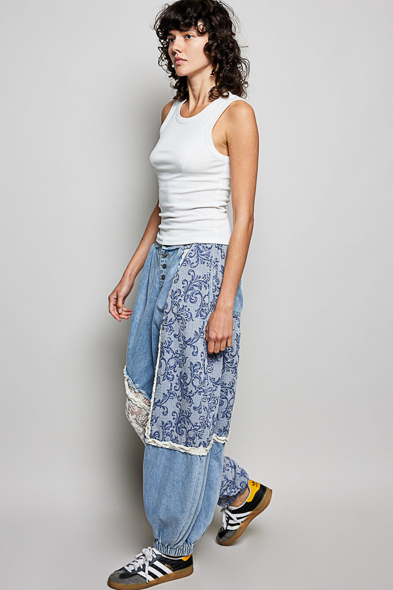 POL クロシェ＆レース切替 デニムジョガーパンツ