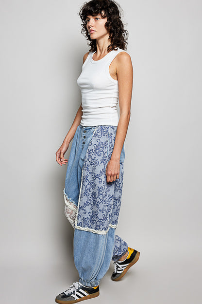 POL クロシェ＆レース切替 デニムジョガーパンツ