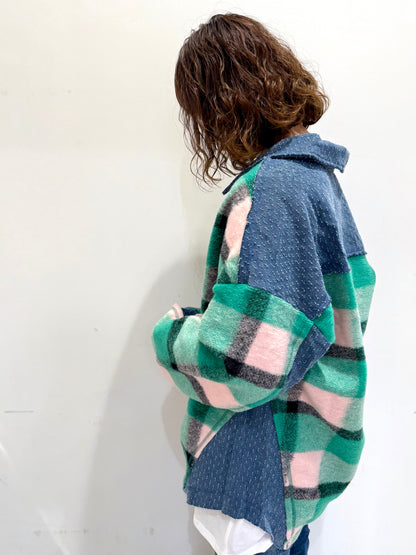 デニム切替×チェック柄 オーバーサイズシャケット シャツジャケット