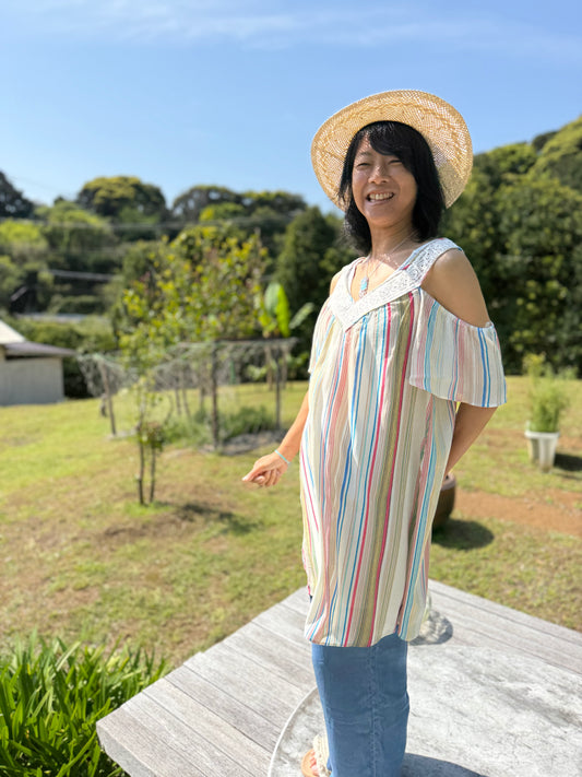 【オンライン先行販売】マルチストライプ ショルダーチュニック丈ワンピース