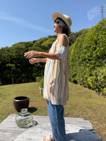 マルチストライプ ショルダーチュニック丈ワンピース