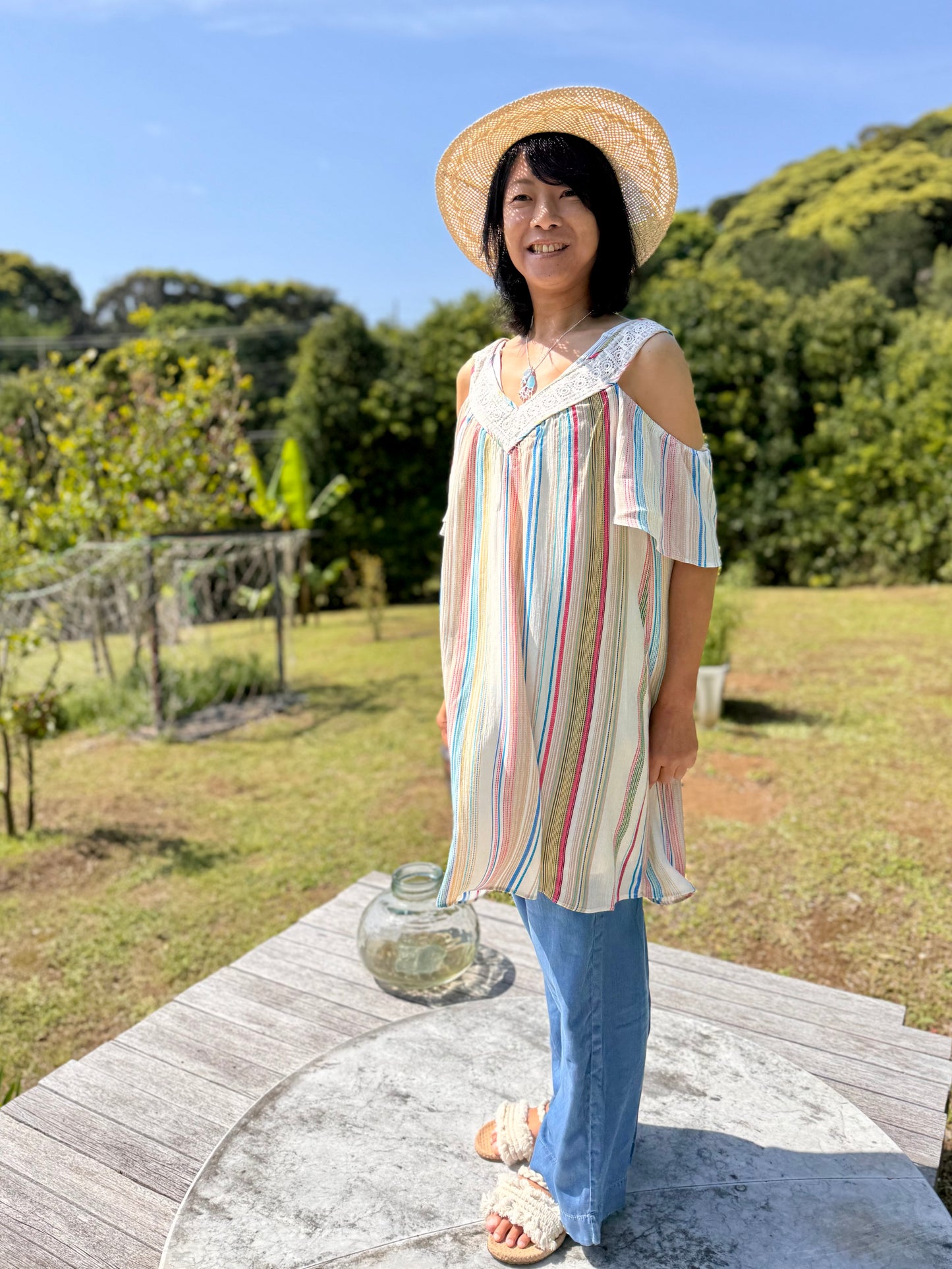 マルチストライプ ショルダーチュニック丈ワンピース