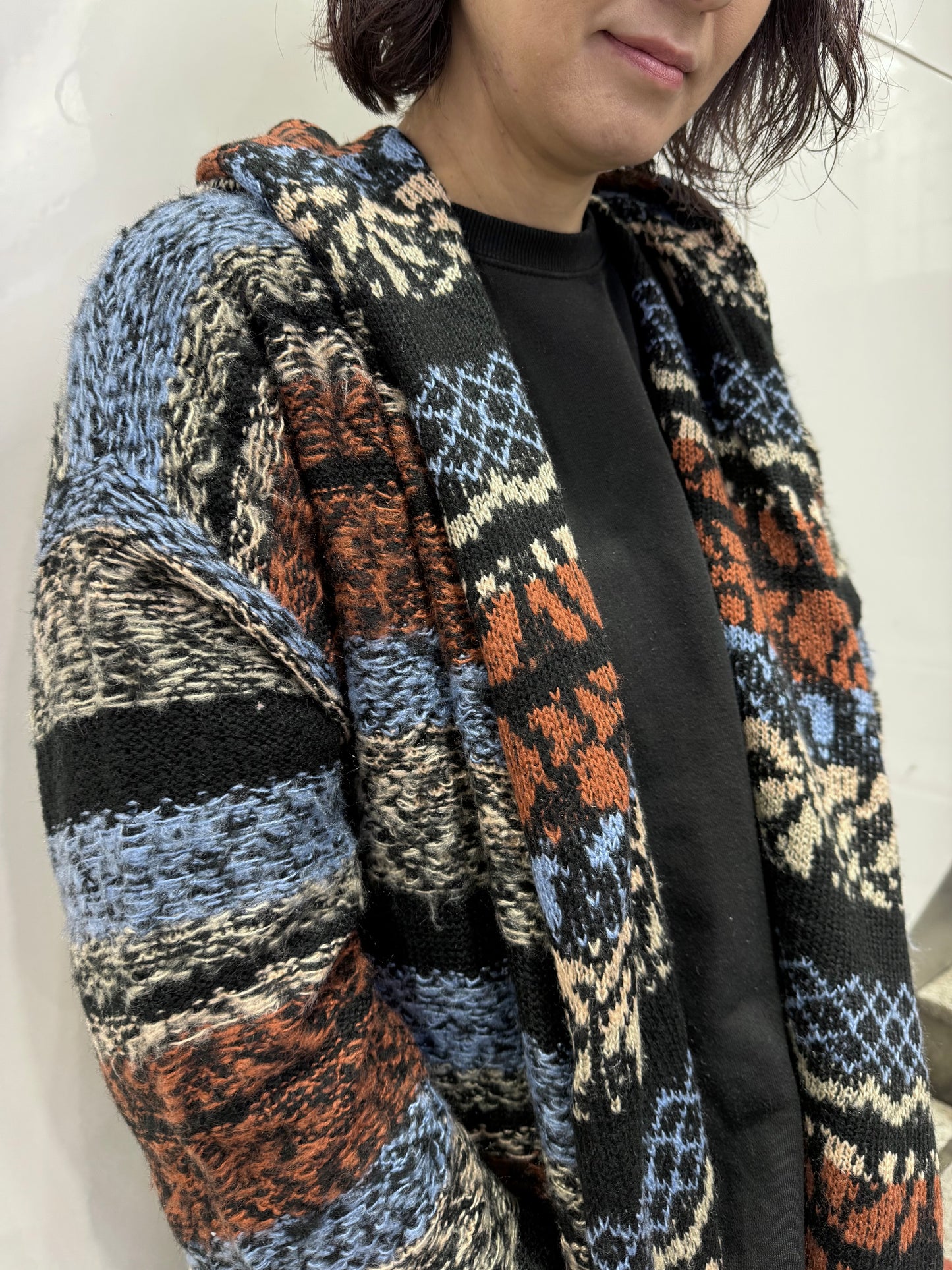 LOVESTITCH ボヘミアンストライプ フード付きニットカーディガン