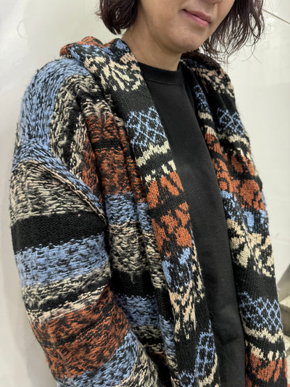 LOVESTITCH ボヘミアンストライプ フード付きニットカーディガン