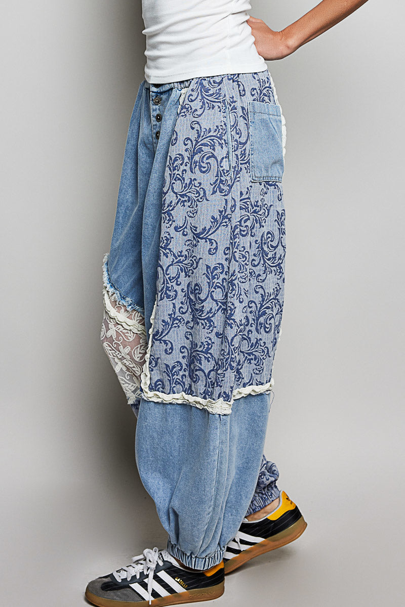 POL クロシェ＆レース切替 デニムジョガーパンツ