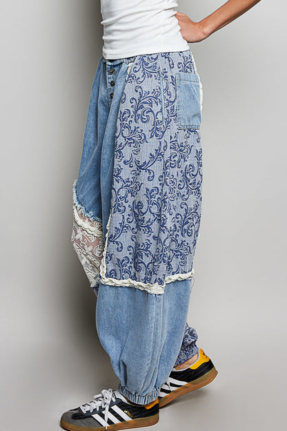 POL クロシェ＆レース切替 デニムジョガーパンツ