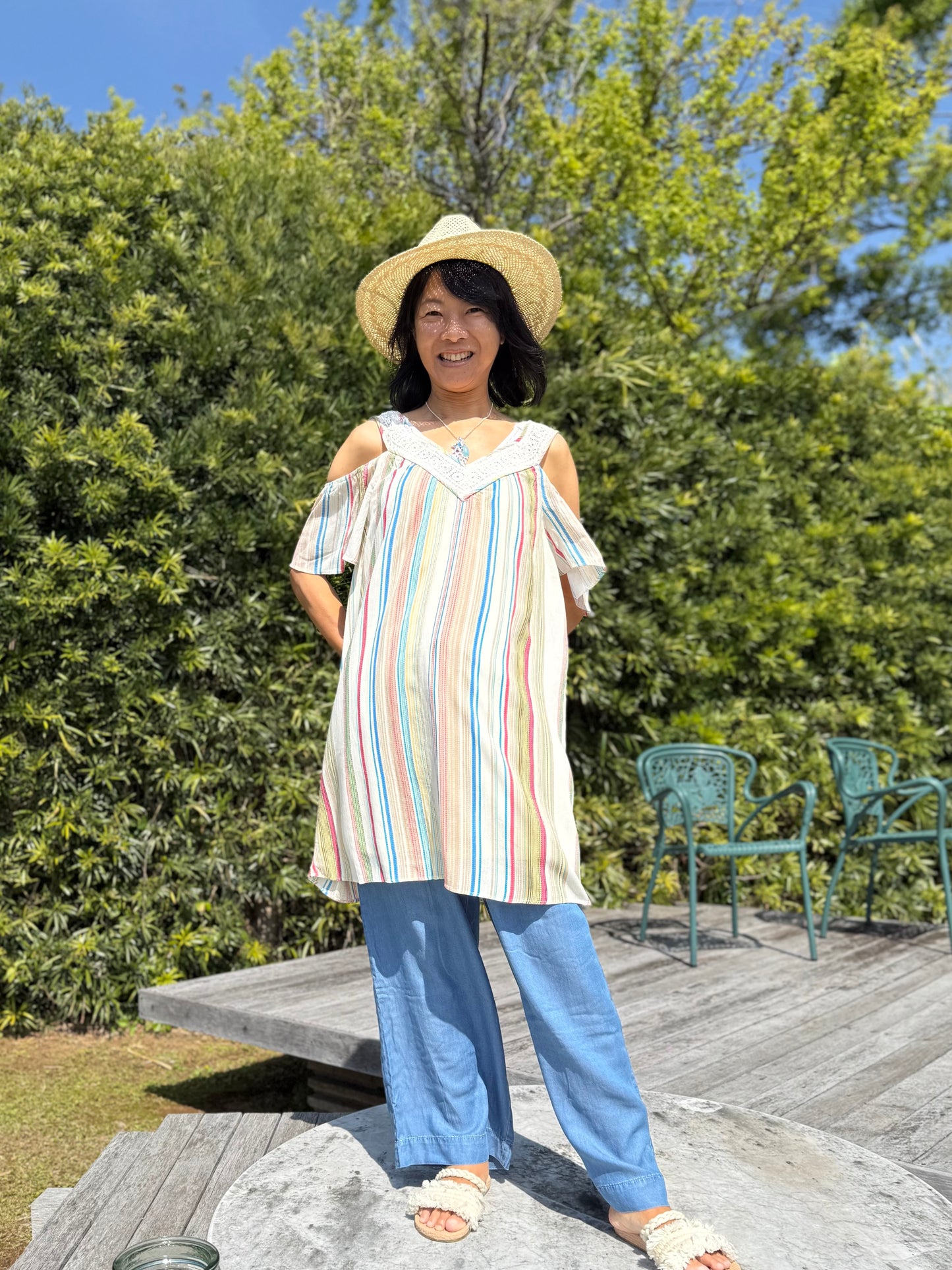 マルチストライプ ショルダーチュニック丈ワンピース