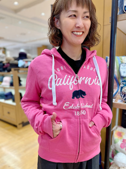 フリースジップアップフーディー カリフォルニアベア バブルガムピンク
