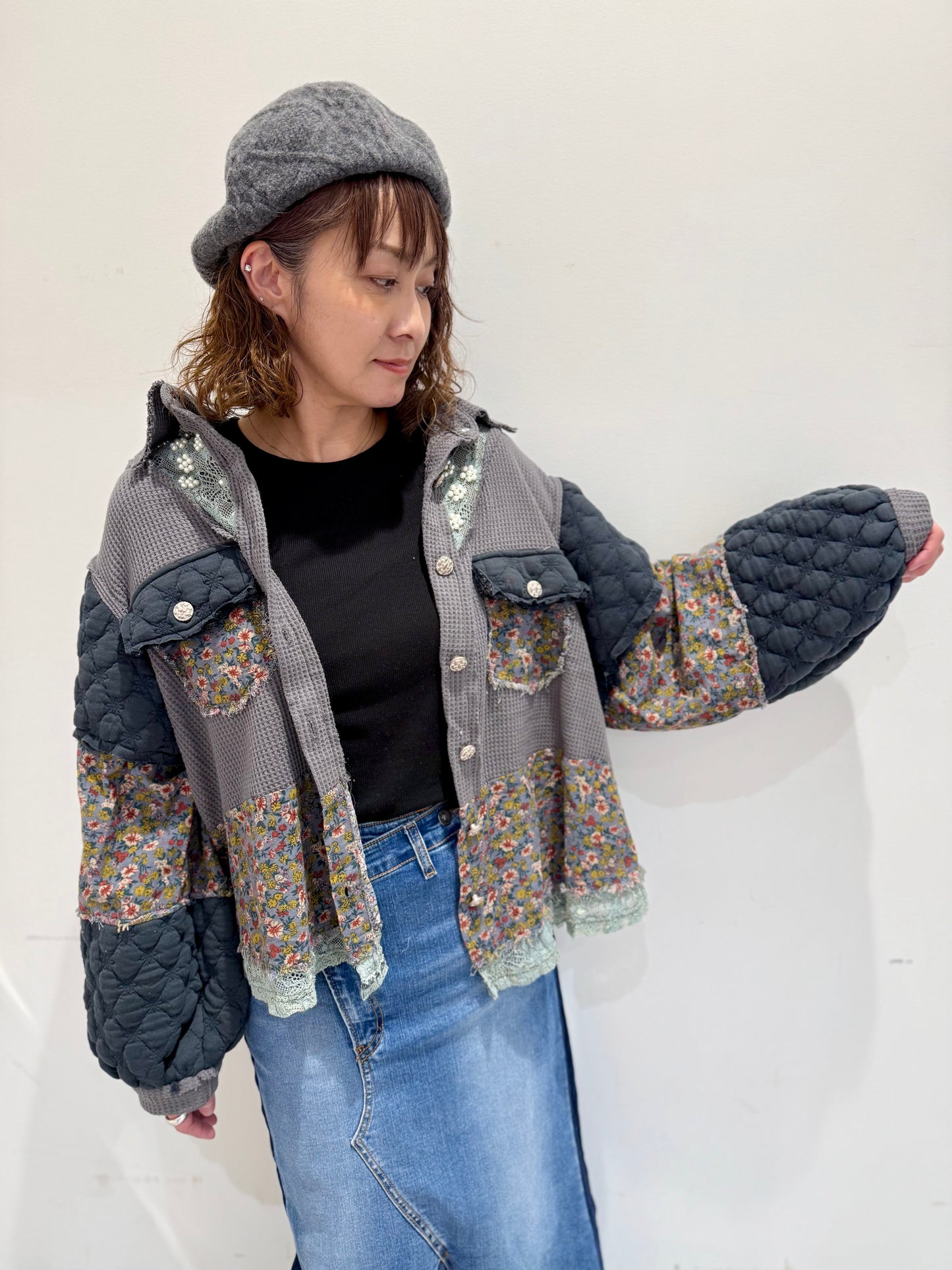 POL コントラストパッチ 花柄ジャケット