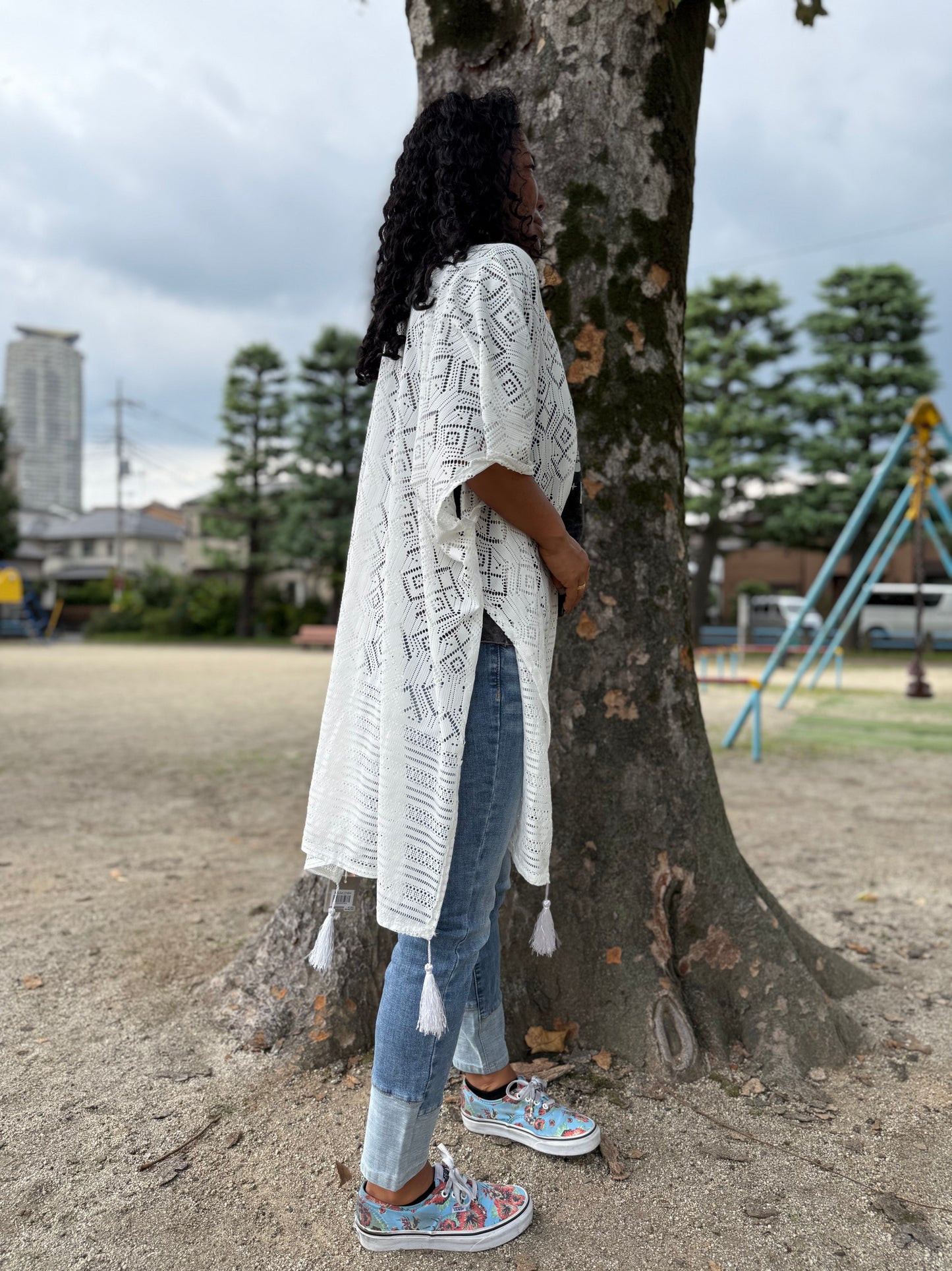 タッセル付きレースキモノ ホワイト