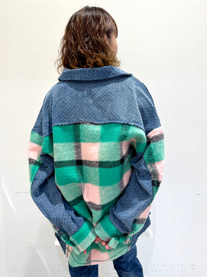 デニム切替×チェック柄 オーバーサイズシャケット シャツジャケット