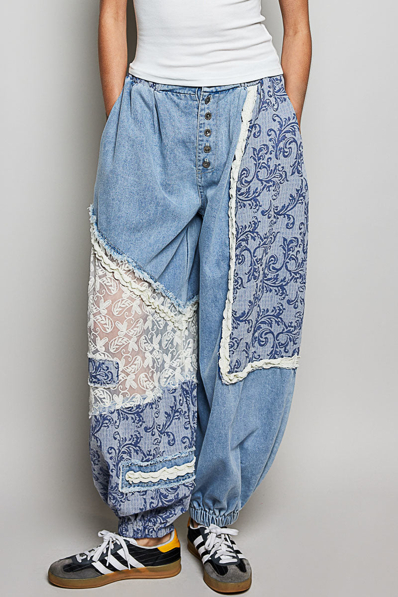 POL クロシェ＆レース切替 デニムジョガーパンツ