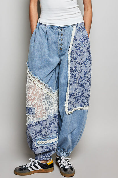 POL クロシェ＆レース切替 デニムジョガーパンツ