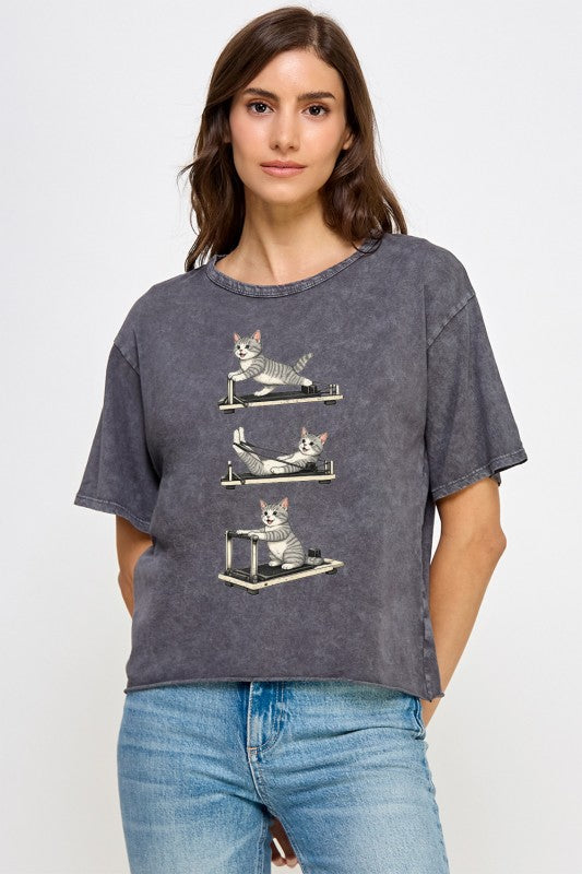 エクササイズキャット　クロップド丈Tシャツ ビンテージチャコール