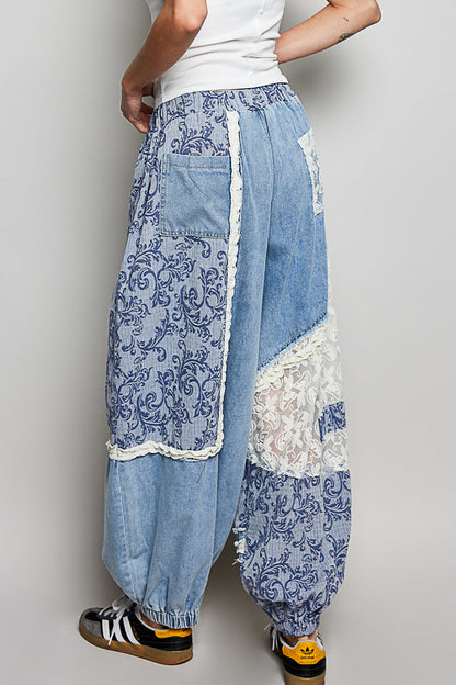 POL クロシェ＆レース切替 デニムジョガーパンツ