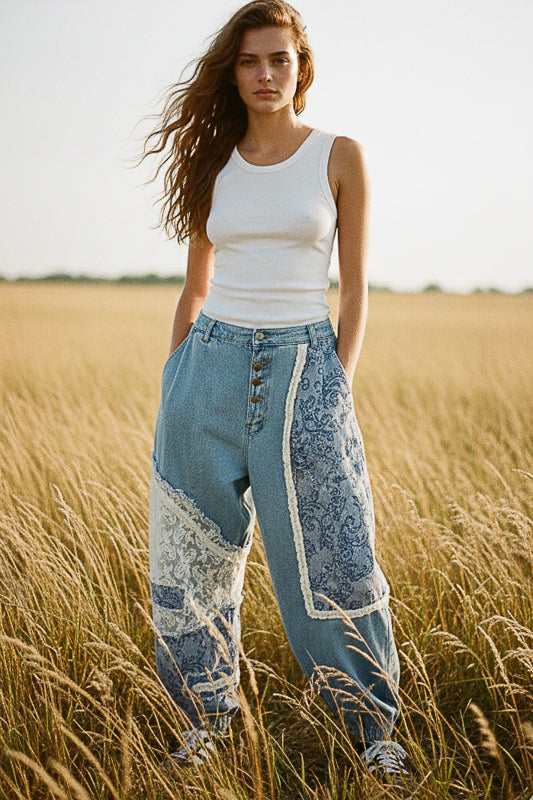 POL クロシェ＆レース切替 デニムジョガーパンツ