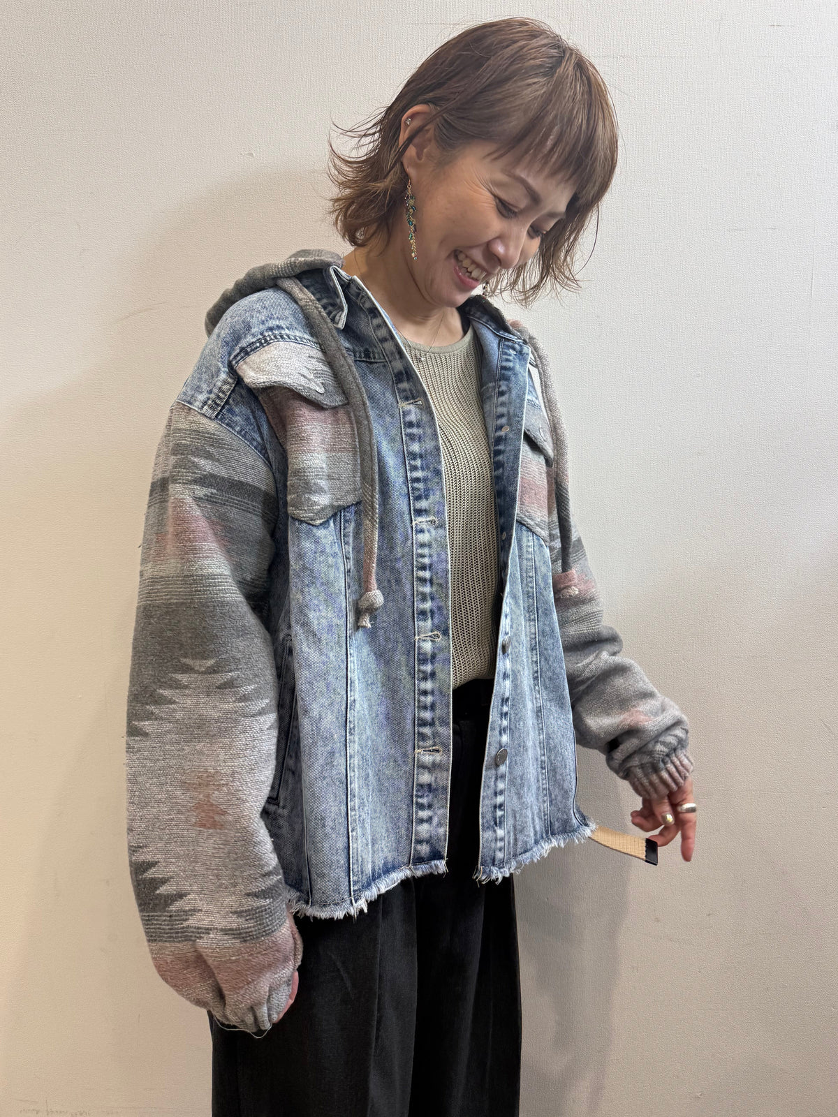 オルテガ柄ジャカードデニムジャケット 取り外し可フーディー