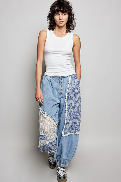 POL クロシェ＆レース切替 デニムジョガーパンツ