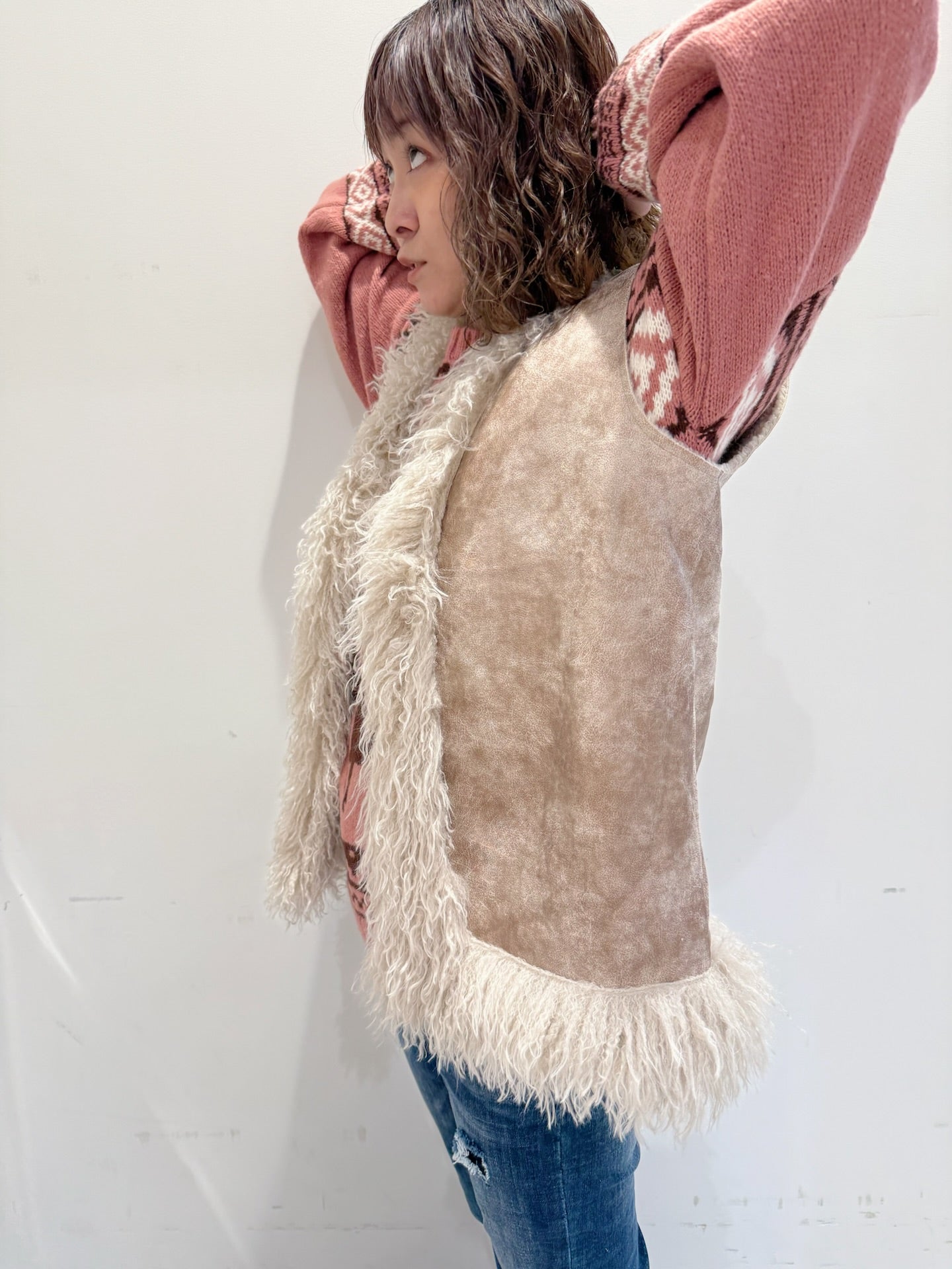 フェイクファー スエード調ベスト