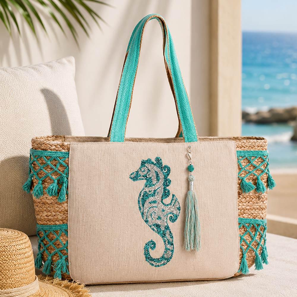 タツノオトシゴ刺繍 ジュートトートバッグ