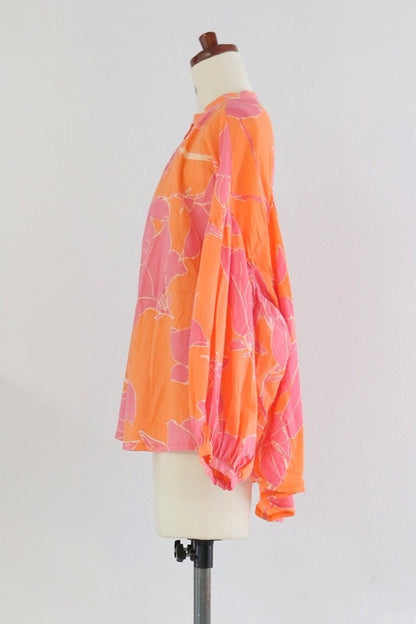 BAD フラワープリント 異素材 ボリューム袖ブラウス