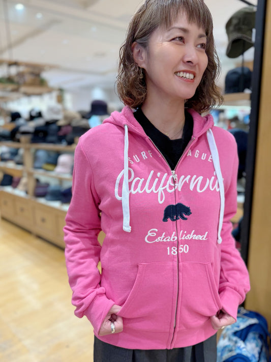 フリースジップアップフーディー カリフォルニアベア バブルガムピンク