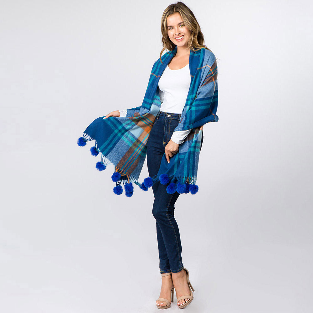 チェックストール　ポンポン付き　大判