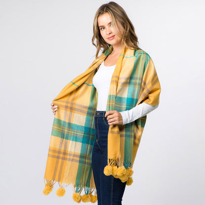 チェックストール　ポンポン付き　大判